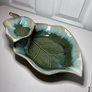 Vintage Ceramic Leaf-Shaped Divided Serving Dish "Chip and Dip" or "Tidbit" Tray